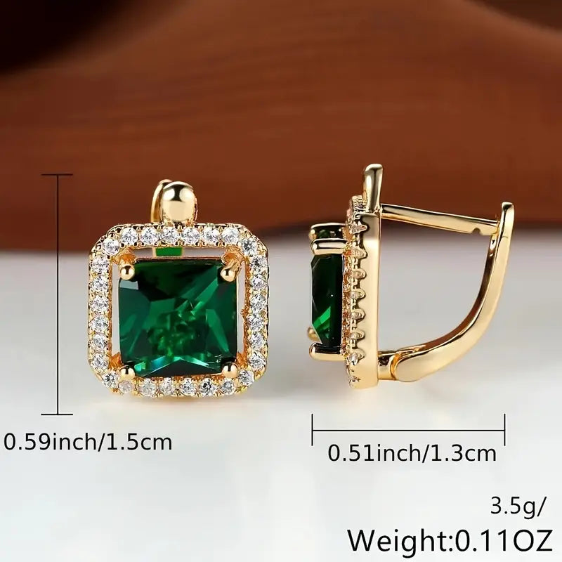 Golden Green Square Zirconia Earrings | Gold