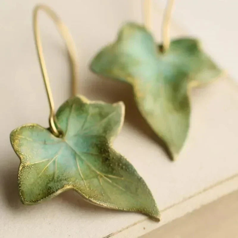 Antique Green Leaf Earrings | Gold
