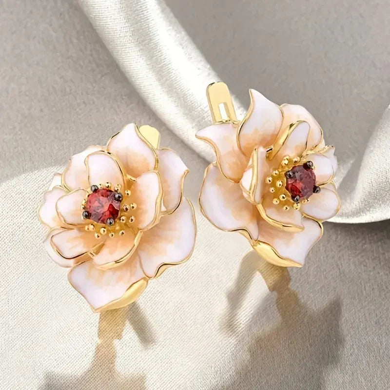 White Flower Red Zirconia Earrings | Gold